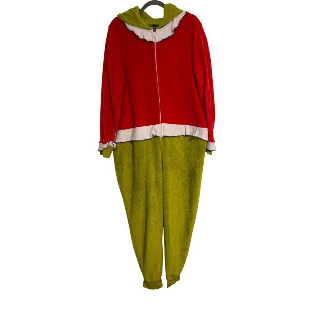 The Grinch Unisex XL Red Green Pajamas Hooded Christmas Jumpsuit Zip Fleece